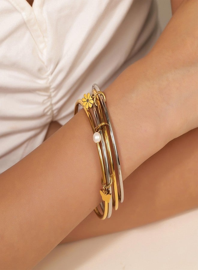 دي أس أساور ذهبية من DS للنساء، مطلية بذهب عيار 18 قيراط، مصنوعة من الفولاذ المقاوم للصدأ المقاوم للصدأ، قابلة للتكديس، بتصميم عصري ثنائي اللون، مزينة بخرز على شكل فراشة ولؤلؤة وزهور الأقحوان، هدية مثالية لعيد الميلاد. - Image 5