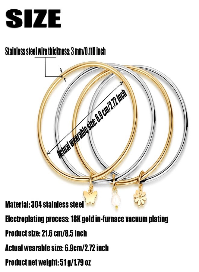 دي أس أساور ذهبية من DS للنساء، مطلية بذهب عيار 18 قيراط، مصنوعة من الفولاذ المقاوم للصدأ المقاوم للصدأ، قابلة للتكديس، بتصميم عصري ثنائي اللون، مزينة بخرز على شكل فراشة ولؤلؤة وزهور الأقحوان، هدية مثالية لعيد الميلاد. - Image 2