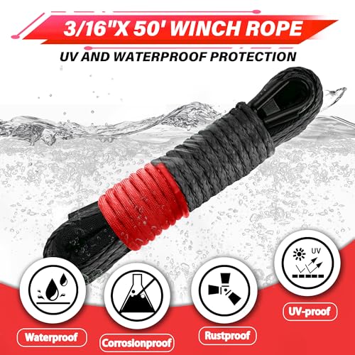 TYT Off-Road Winch Rope Kit - 3/16''x50', 8500 Lbs Black Synthetic Cable with Protective Sheath, Heavy-Duty Hook, Safety Pull Strap & Rubber Stopper Ideal for 4WD ATV UTV Vehicles, Grey, (JPS3650IG) - Image 2
