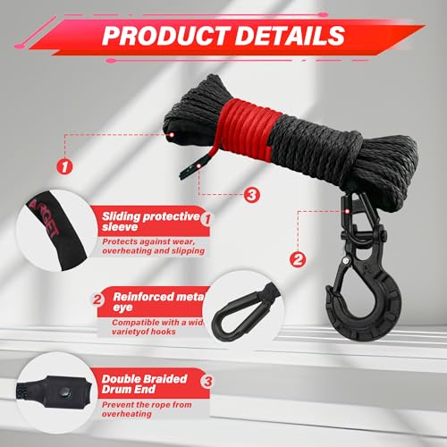 TYT Off-Road Winch Rope Kit - 3/16''x50', 8500 Lbs Black Synthetic Cable with Protective Sheath, Heavy-Duty Hook, Safety Pull Strap & Rubber Stopper Ideal for 4WD ATV UTV Vehicles, Grey, (JPS3650IG) - Image 3