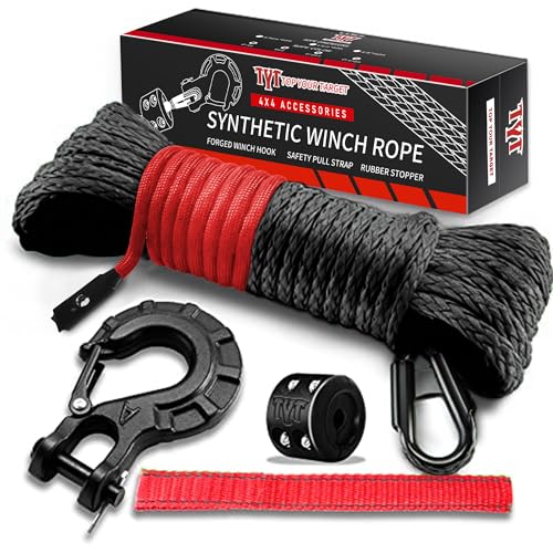 TYT Off-Road Winch Rope Kit - 3/16''x50', 8500 Lbs Black Synthetic Cable with Protective Sheath, Heavy-Duty Hook, Safety Pull Strap & Rubber Stopper Ideal for 4WD ATV UTV Vehicles, Grey, (JPS3650IG) - Image 1