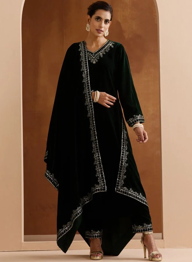 آي شين Women's Bottle Green 100% Cotton Yoke Design Straight Fit Kurta Set