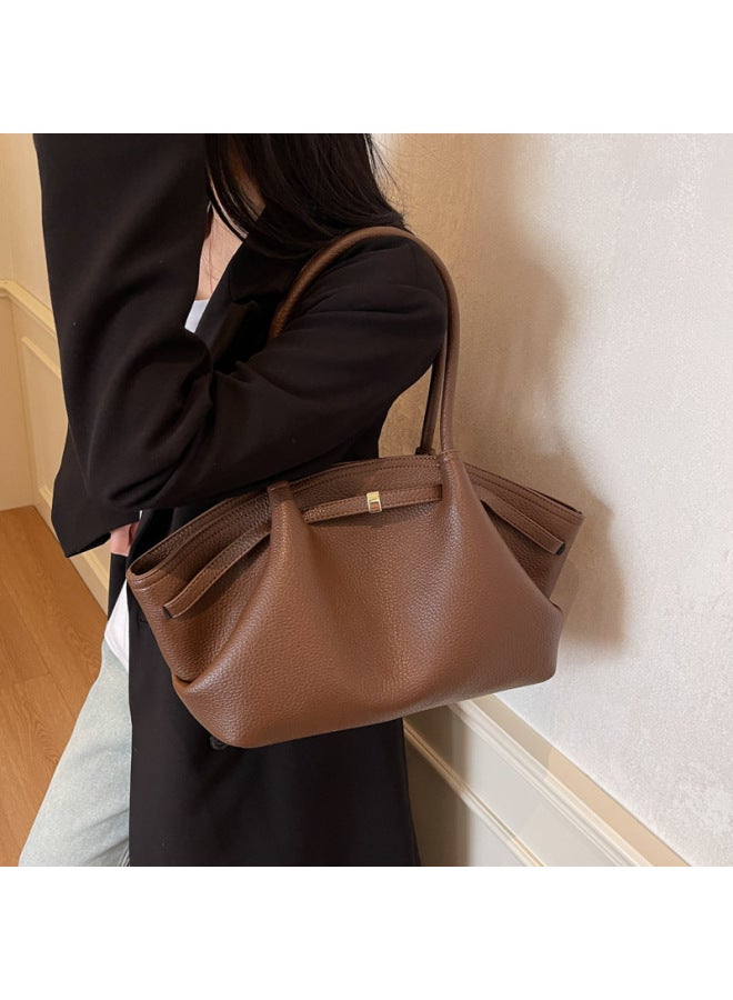 French Retro Underarm Bag Women's 2025 Fashionable Texturous Portable Shoulder Bag Litchi Pattern Handbag-Color:Black - Image 2