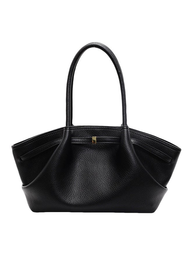 French Retro Underarm Bag Women's 2025 Fashionable Texturous Portable Shoulder Bag Litchi Pattern Handbag-Color:Black - Image 1