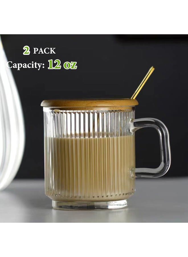Mfacoy 2 PACK Glass Coffee Mugs with Handle & Spoon, 12 OZ Glass Coffee Cups with Bamboo Lid, Ribbed Glass Cups, Clear Tea Cup for Hot/Cold Beverages, Glassware Set for Americano, Latte, Cappuccino - Image 2