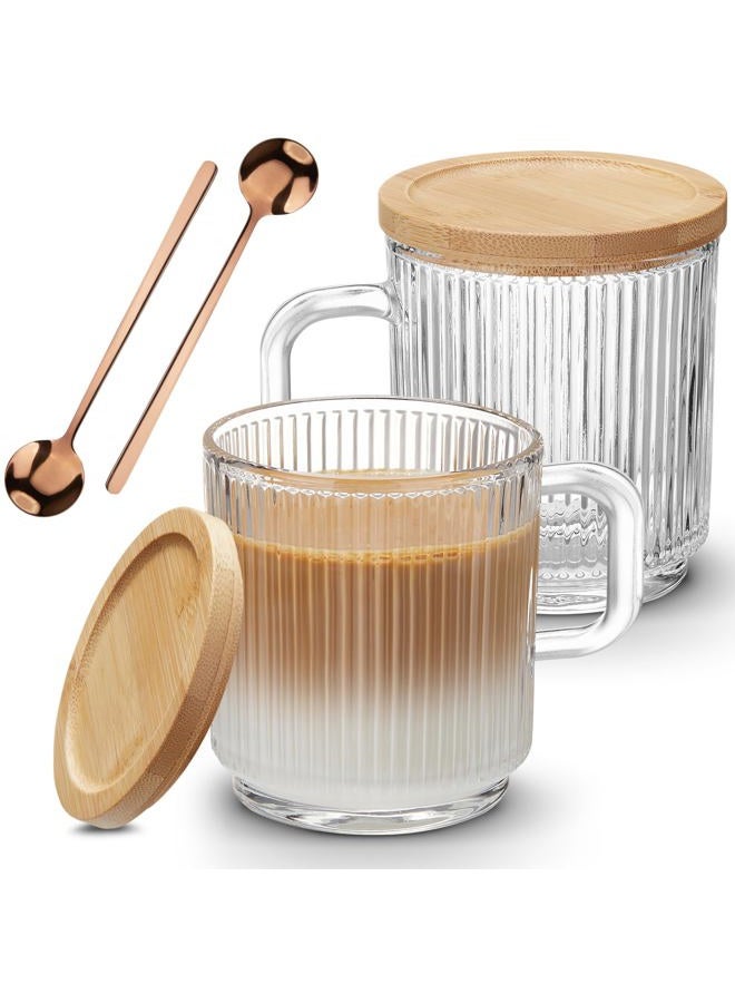 Mfacoy 2 PACK Glass Coffee Mugs with Handle & Spoon, 12 OZ Glass Coffee Cups with Bamboo Lid, Ribbed Glass Cups, Clear Tea Cup for Hot/Cold Beverages, Glassware Set for Americano, Latte, Cappuccino - Image 1
