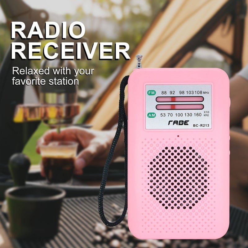 Pink Portable AM FM Radio with Built-in Speaker and Headphone Jack for Camping - Image 4