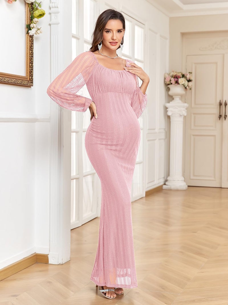 AISWI Sparkly Mesh Maternity Dress Long Sleeve Square Neck Baby Shower Pregnancy Dresses for Photoshoot Semi Formal, Pink, Small - Image 4