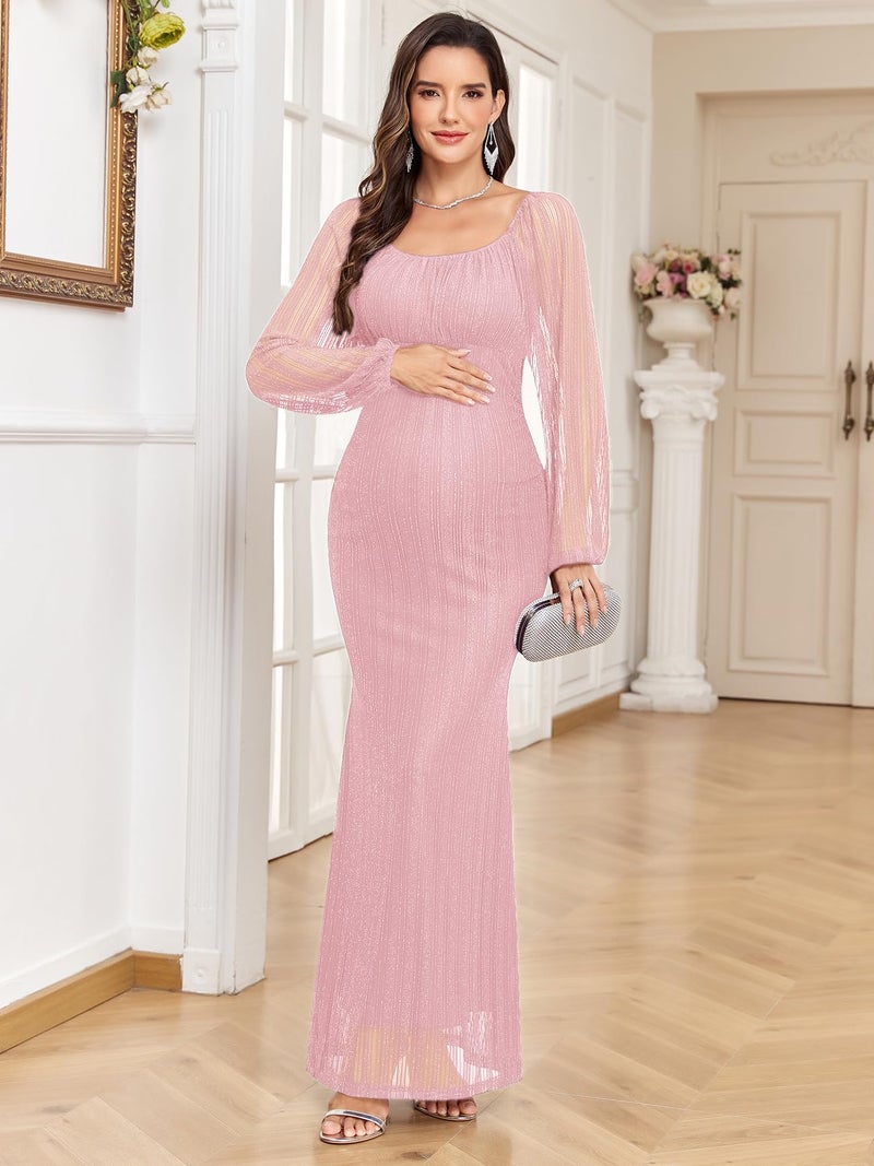 AISWI Sparkly Mesh Maternity Dress Long Sleeve Square Neck Baby Shower Pregnancy Dresses for Photoshoot Semi Formal, Pink, Small - Image 2