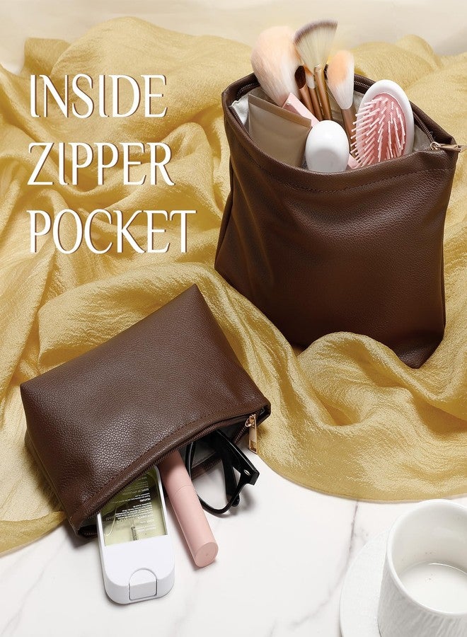 Kigeli 2 Pcs Christmas Women Gifts Makeup Bag Set for Purse Small PU Leather Cosmetic Bag Makeup Travel Toiletry Pouch Aesthetic Preppy Organizer Storage Pouch for Christmas Women Gift(Coffee Color) - Image 5