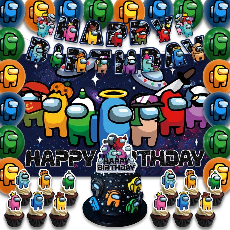 Fuyhiuous 42Packs Among Game Party Supplies Pack Includesï¼ŒBannerï¼ŒCake Topperï¼ŒBlackdrop,Balloons for Among Birthday Party Decoration - Image 1