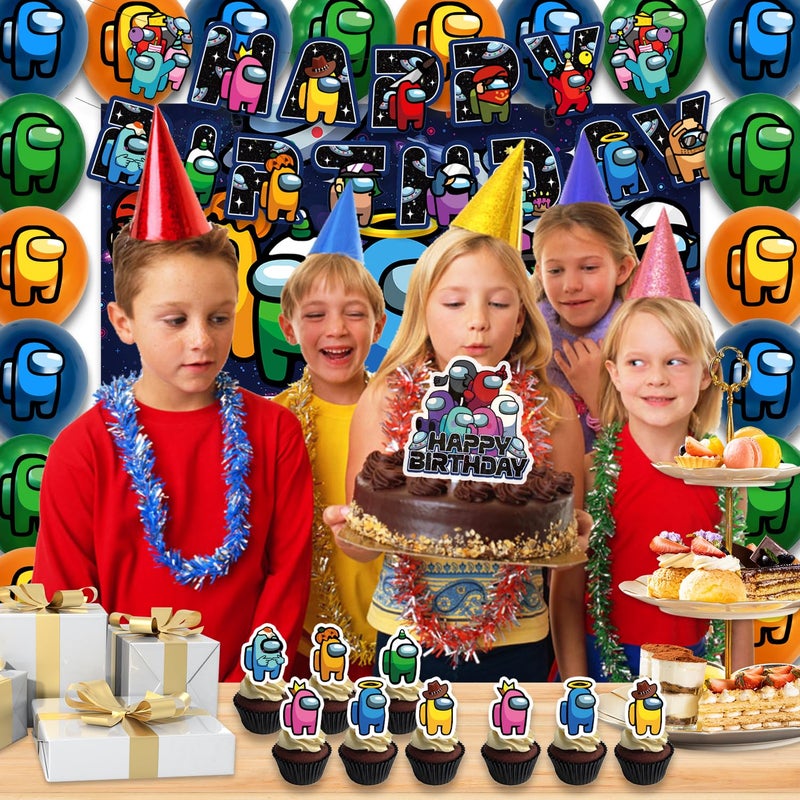 Fuyhiuous 42Packs Among Game Party Supplies Pack Includesï¼ŒBannerï¼ŒCake Topperï¼ŒBlackdrop,Balloons for Among Birthday Party Decoration - Image 4