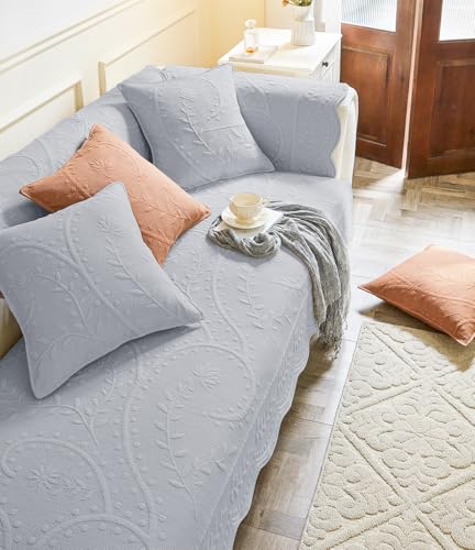 XSlive Leaf Floral Cotton Quilted Dog Couch Cover for Sofa Farmhouse Rustic Embroidered Sectional Couch Cover Soft Anti-Slip Sofa Slipcover Furniture Protector for Kids, Pets (Grey,28"x59") - Image 3