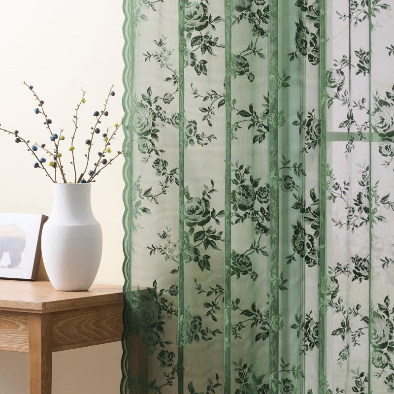 SEEKRIGHT Dark Green Lace Curtains 84 Inches Long Victorian Floral Sheer Curtains for Living Room Bedroom Botanical Embroidery Decor Drapes Rod Pocket Light Filtering French Window Curtain 2 Panels Set, 52x84 - Image 2
