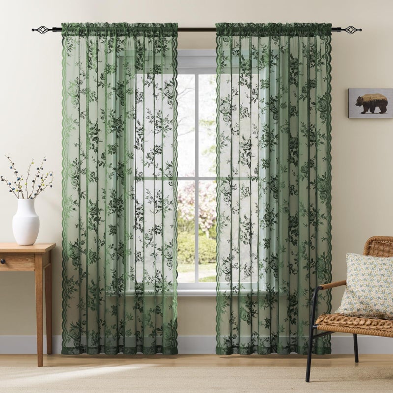 SEEKRIGHT Dark Green Lace Curtains 84 Inches Long Victorian Floral Sheer Curtains for Living Room Bedroom Botanical Embroidery Decor Drapes Rod Pocket Light Filtering French Window Curtain 2 Panels Set, 52x84 - Image 1