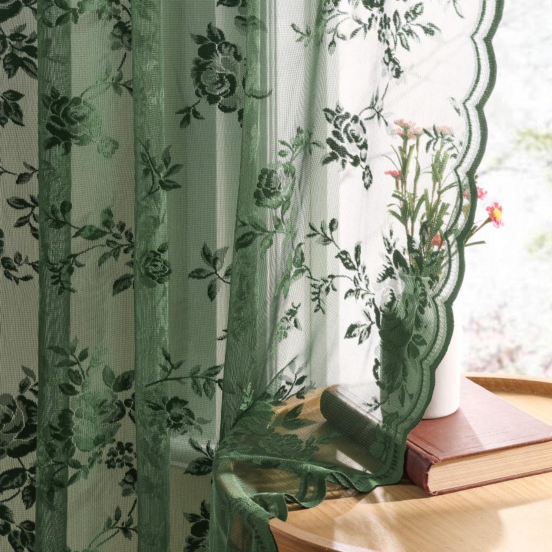 SEEKRIGHT Dark Green Lace Curtains 84 Inches Long Victorian Floral Sheer Curtains for Living Room Bedroom Botanical Embroidery Decor Drapes Rod Pocket Light Filtering French Window Curtain 2 Panels Set, 52x84 - Image 4