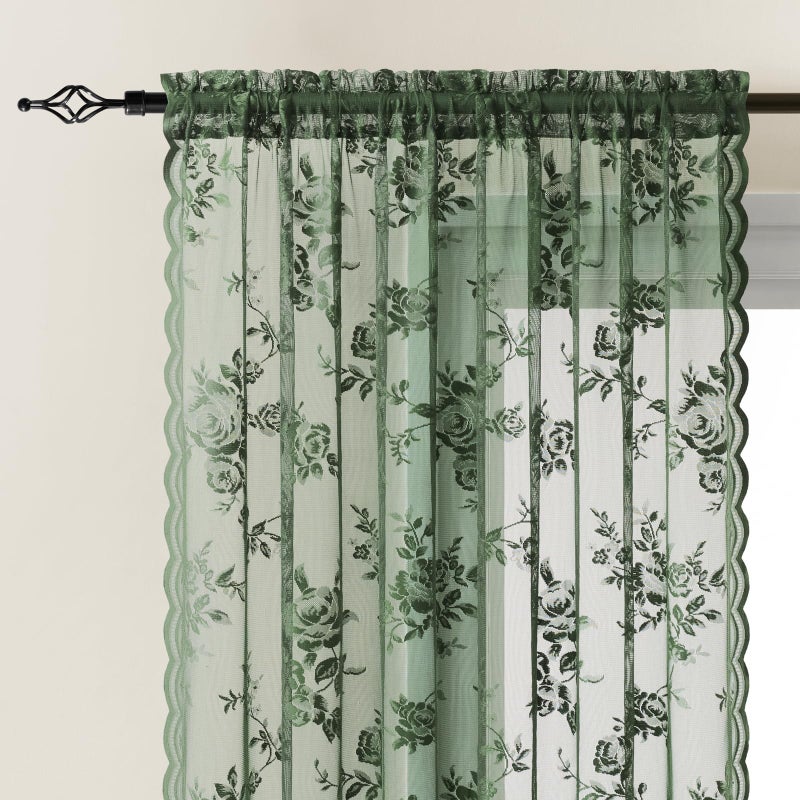 SEEKRIGHT Dark Green Lace Curtains 84 Inches Long Victorian Floral Sheer Curtains for Living Room Bedroom Botanical Embroidery Decor Drapes Rod Pocket Light Filtering French Window Curtain 2 Panels Set, 52x84 - Image 3