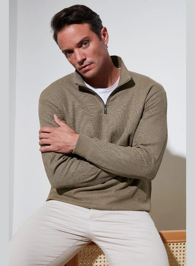 بوراتي بلوزة قطنية بياقة واقفة وسحاب نصفي للرجال من بوراتي