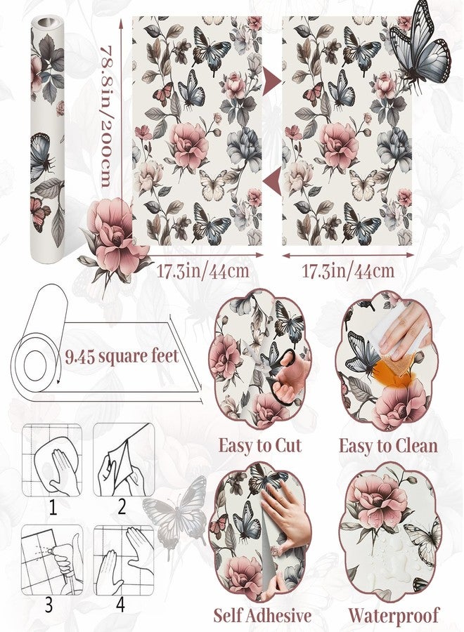 PeonyQueen Floral Wallpaper Peel and Stick Wallpaper 17.3"x78.8" Boho Contact Paper for Cabinets and Drawers Colorful Self Adhesive Removable Wallpaper for Bedroom Butterfly Flower Wallpaper Vinyl Roll - Image 3
