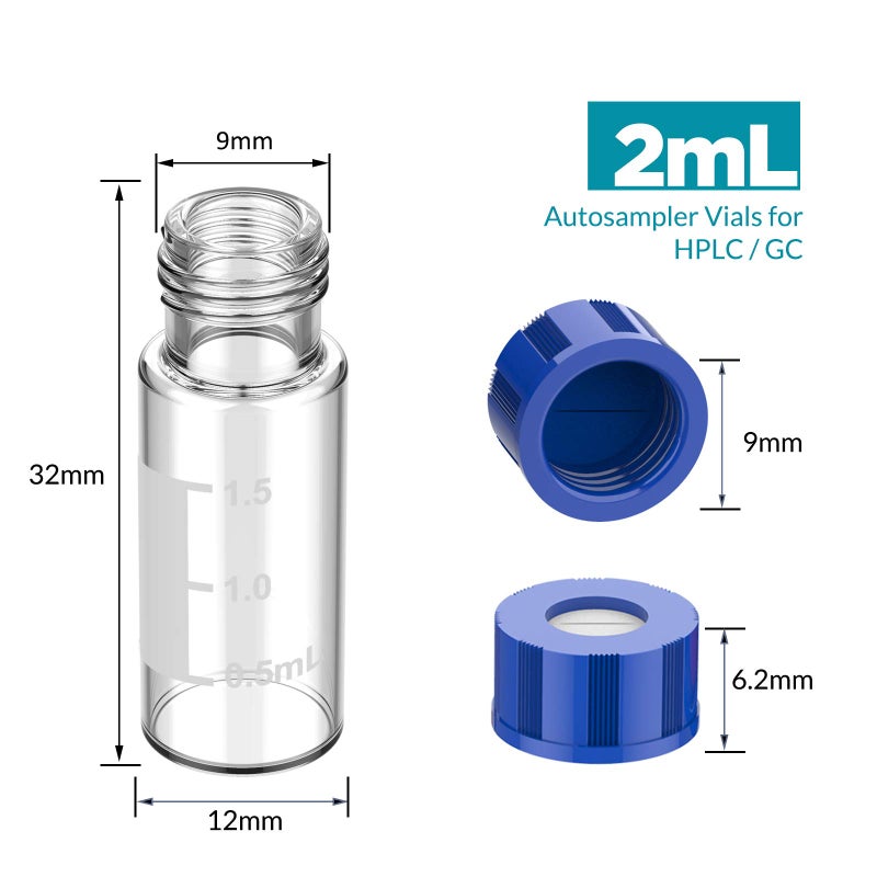 Membrane Solutions Autosampler Vials, 2ml HPLC Vials, 9-425 Lab Clear Vials with Write-on Spot and Graduations, 9mm Blue ABS Screw Caps & Septa for GC Sample Vials, 100 Pcs - Image 2
