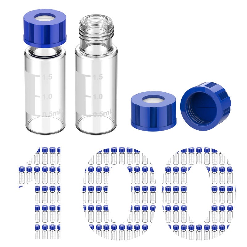 Membrane Solutions Autosampler Vials, 2ml HPLC Vials, 9-425 Lab Clear Vials with Write-on Spot and Graduations, 9mm Blue ABS Screw Caps & Septa for GC Sample Vials, 100 Pcs - Image 1