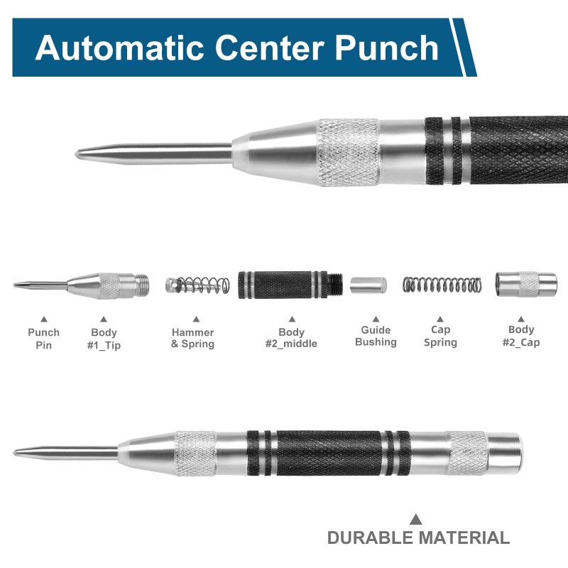karmiero 2Pcs Heavy Duty Automatic Center Punch, 5'' Premium Steel Spring Loaded Center Hole Punch, Adjustable Spring Impact Center Marker Scriber Tool for Metel, Plastics, Wood, Glass by karmiero - Image 2