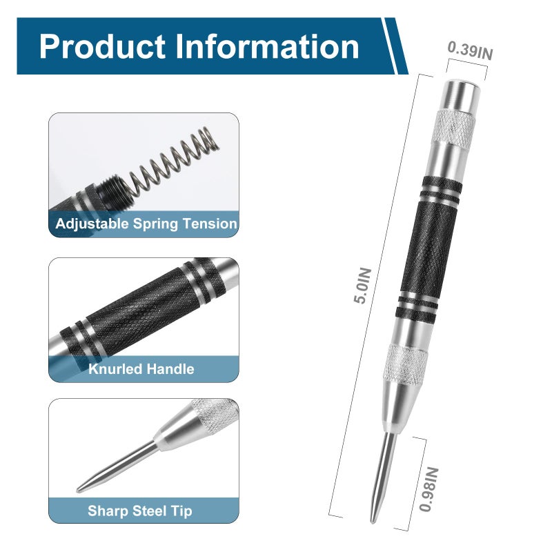 karmiero 2Pcs Heavy Duty Automatic Center Punch, 5'' Premium Steel Spring Loaded Center Hole Punch, Adjustable Spring Impact Center Marker Scriber Tool for Metel, Plastics, Wood, Glass by karmiero - Image 3