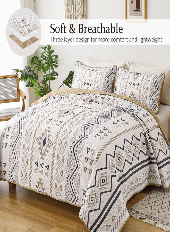 Drucon Boho Queen Size Aztec Quilt Set 3 Pieces Khaki Ultra Soft Lightweight Quilt Beddding Set, Microfiber Bohemian Bedspread Coverlet Set with 2 Pillowcases for All Season (Queen, 90"x96") - Image 2