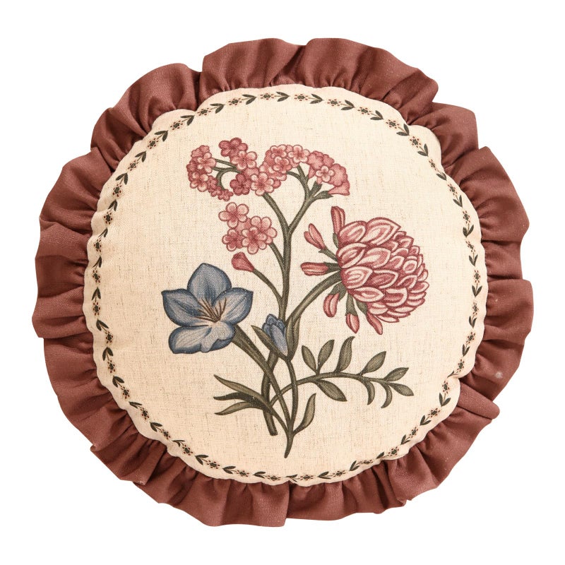 ISAENNE Design Linen Vintage Throw Pillow Covers Diameter 16", Round Cushion Covers with Blue Pink Flowers Green Leaves Pattern Decoration Pillowcases for Bed,Living Room,Outdoor,Car - Image 1