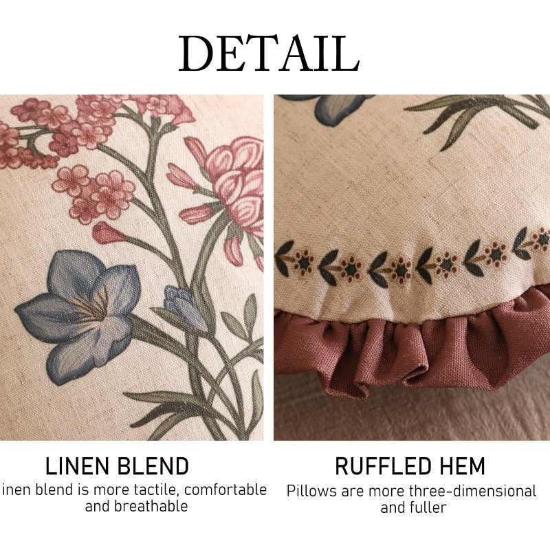 ISAENNE Design Linen Vintage Throw Pillow Covers Diameter 16", Round Cushion Covers with Blue Pink Flowers Green Leaves Pattern Decoration Pillowcases for Bed,Living Room,Outdoor,Car - Image 5