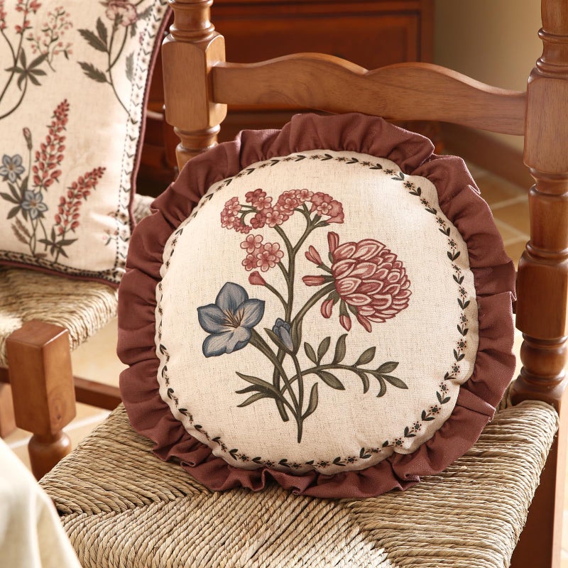 ISAENNE Design Linen Vintage Throw Pillow Covers Diameter 16", Round Cushion Covers with Blue Pink Flowers Green Leaves Pattern Decoration Pillowcases for Bed,Living Room,Outdoor,Car - Image 2