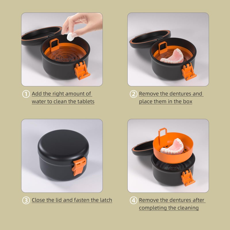 ARGOMAX Leak Proof Retainer Cleaner Case, Denture Cups for Soaking Dentures, Denture Travel Case (Black + Orange). - Image 5