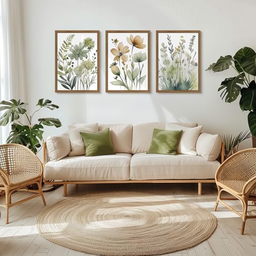 Joocrise Sage Green Botanical Wall Art Boho Floral Wall Decor Minimalist Plant Canvas Pictures Flower Botanical Prints Watercolor Wildflower Poster Painting for Bathroom Bedroom 12x16x3 Inch Wood Frame - Image 3