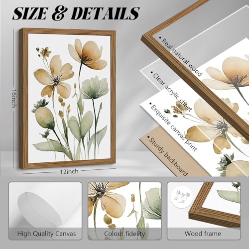 Joocrise Sage Green Botanical Wall Art Boho Floral Wall Decor Minimalist Plant Canvas Pictures Flower Botanical Prints Watercolor Wildflower Poster Painting for Bathroom Bedroom 12x16x3 Inch Wood Frame - Image 2