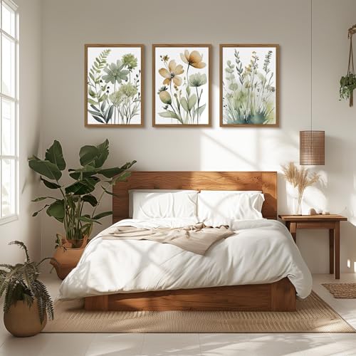 Joocrise Sage Green Botanical Wall Art Boho Floral Wall Decor Minimalist Plant Canvas Pictures Flower Botanical Prints Watercolor Wildflower Poster Painting for Bathroom Bedroom 12x16x3 Inch Wood Frame - Image 4