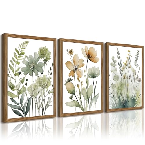 Joocrise Sage Green Botanical Wall Art Boho Floral Wall Decor Minimalist Plant Canvas Pictures Flower Botanical Prints Watercolor Wildflower Poster Painting for Bathroom Bedroom 12x16x3 Inch Wood Frame - Image 1