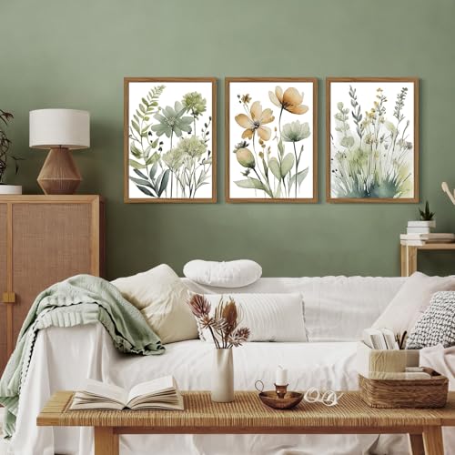 Joocrise Sage Green Botanical Wall Art Boho Floral Wall Decor Minimalist Plant Canvas Pictures Flower Botanical Prints Watercolor Wildflower Poster Painting for Bathroom Bedroom 12x16x3 Inch Wood Frame - Image 5