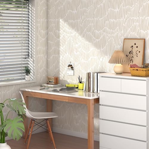 Theper Beige Modern Striped Peel and Stick Wallpaper Boho 17.3"×590" Self Adhesive Removable Wallpaper for Bedroom Waterproof Wall Paper Vinyl White and Gold Contact Paper - Image 5