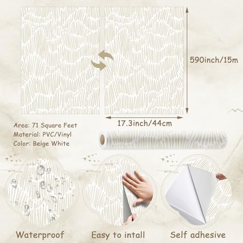 Theper Beige Modern Striped Peel and Stick Wallpaper Boho 17.3"×590" Self Adhesive Removable Wallpaper for Bedroom Waterproof Wall Paper Vinyl White and Gold Contact Paper - Image 3