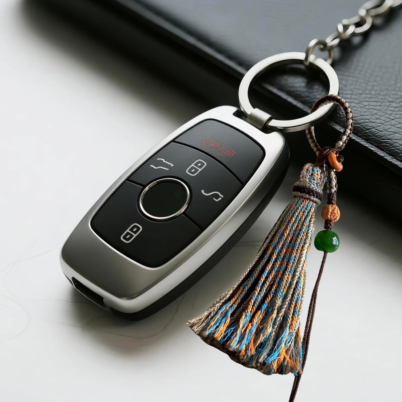 Chiorgone Handmade Tibetan Yarn Tassel Keychain, Boho Phone Chain with Cinnabar & White Jade Beads, Pendant Decoration for Car Keys/Backpacks (Cinnabar & White Jade) - Image 2