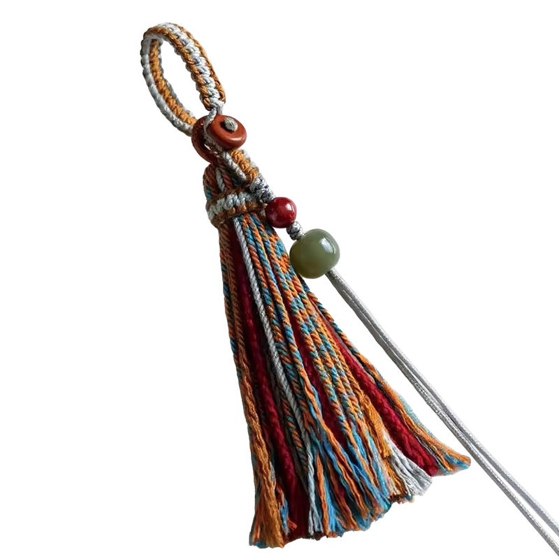 Chiorgone Handmade Tibetan Yarn Tassel Keychain, Boho Phone Chain with Cinnabar & White Jade Beads, Pendant Decoration for Car Keys/Backpacks (Cinnabar & White Jade) - Image 1