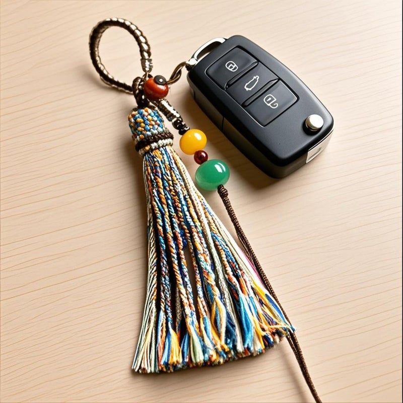 Chiorgone Handmade Tibetan Yarn Tassel Keychain, Boho Phone Chain with Cinnabar & White Jade Beads, Pendant Decoration for Car Keys/Backpacks (Cinnabar & White Jade) - Image 5