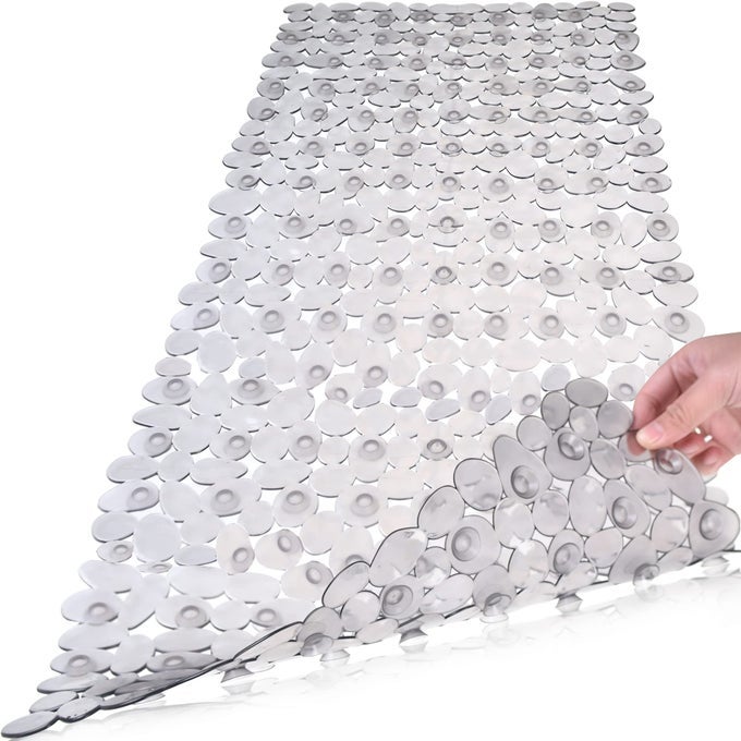 BATHTUB MAT NON SLIP PEBBLE BATH SHOWER MAT WITH DRAIN HOLES SUCTION CUPS MAT FOR TUB 16 W X 35 L CLEAR GREY