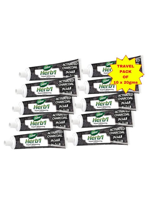 Dabur Herbal Activated Charcoal Mini Toothpaste (10x20g) | Travel Friendly | Enriched with Activated Charcoal | For Healthy Gums & Strong Teeth | Value Pack