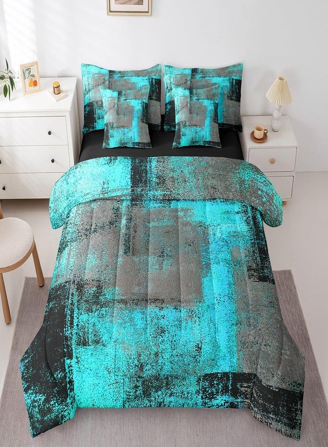 Erosebridal Turquoise and Grey Queen Comforter Set 7 Piece Retro Black Teal Ombre Bedding Set with Sheet Set,Pillow Covers Contemporary Abstract Art Bed in A Bag Oil Painting Graffiti Bed Set - Image 3