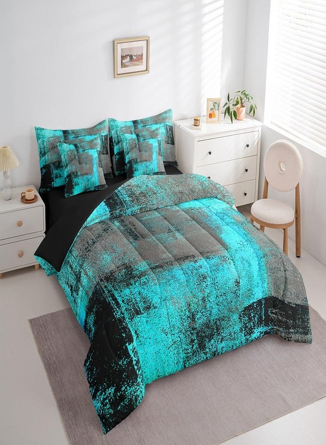 Erosebridal Turquoise and Grey Queen Comforter Set 7 Piece Retro Black Teal Ombre Bedding Set with Sheet Set,Pillow Covers Contemporary Abstract Art Bed in A Bag Oil Painting Graffiti Bed Set - Image 2