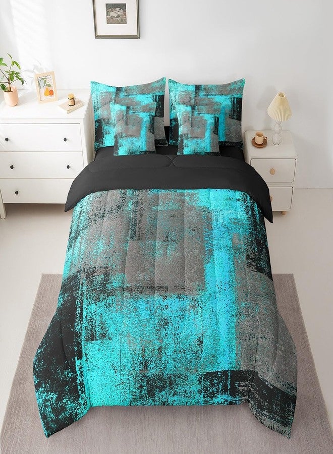 Erosebridal Turquoise and Grey Queen Comforter Set 7 Piece Retro Black Teal Ombre Bedding Set with Sheet Set,Pillow Covers Contemporary Abstract Art Bed in A Bag Oil Painting Graffiti Bed Set - Image 1