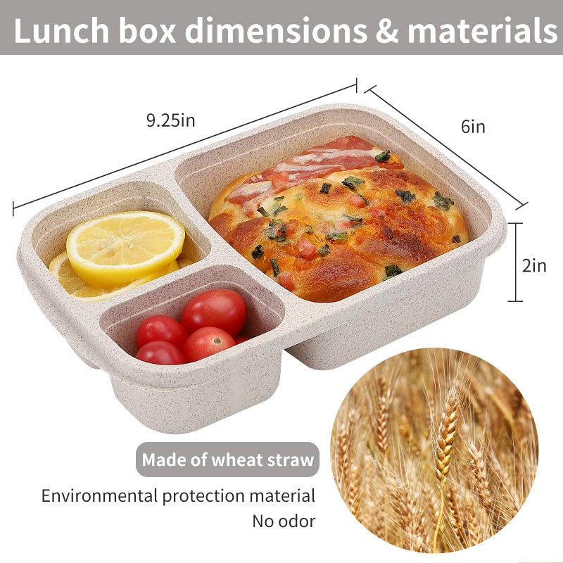 buluker 4 Pack Bento Lunch Box Set 3 Compartment Food Storage Containers Wheat Straw Meal Prep Lunch Box Plastic Food Storage Containers, Microwave and Dishwasher Safe (light colour) - Image 2