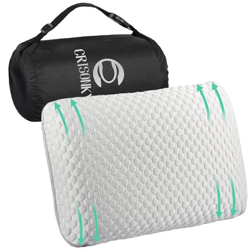 Crisonky Travel and Camping Pillow- Compressible Medium Firm Memory Foam Pillow with Carry Bag for Backpacking & Airplane, Lumbar Support. Breathable Cooling Fabric, Washable Pillowcase (Royal Silver) - Image 1