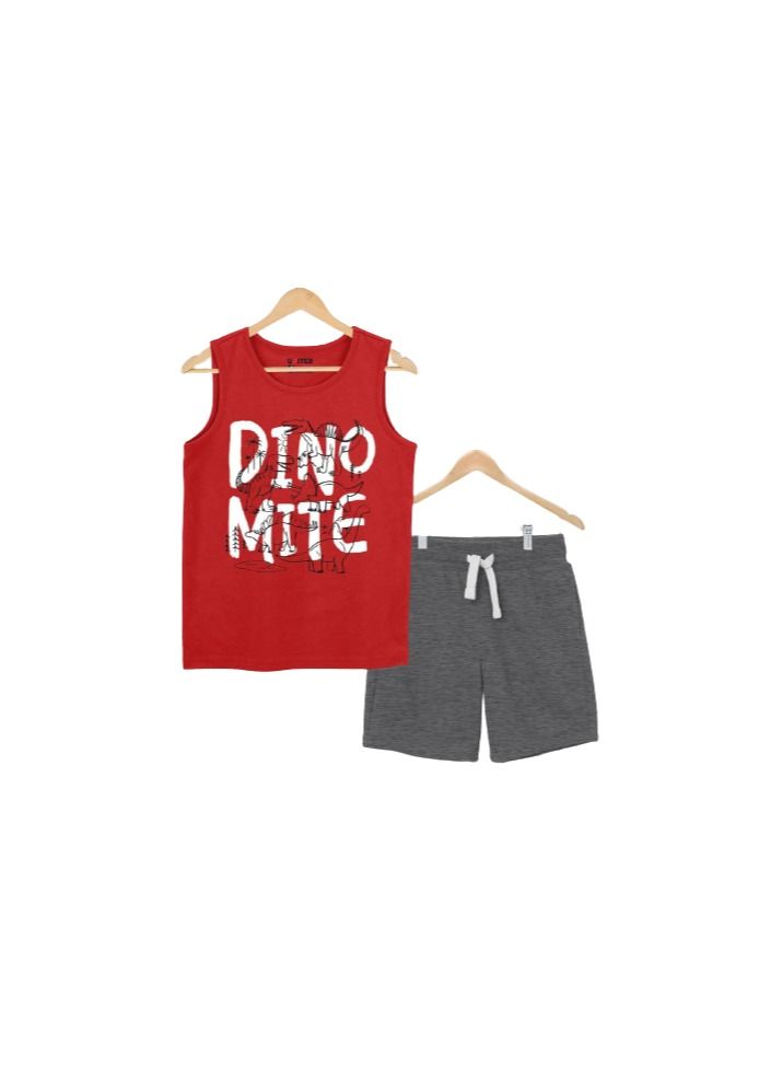 A Boy's Set Consisting Of Red T-Shirt and Gray Shorts 